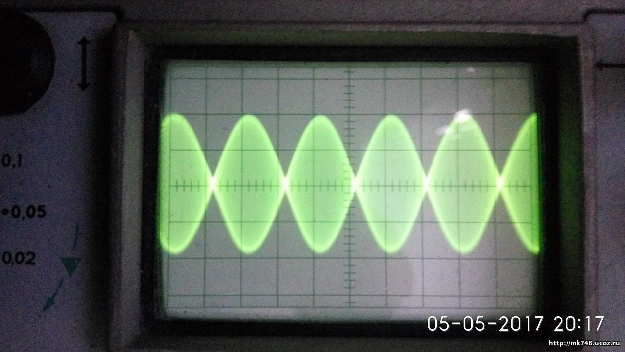 двухтональный сигнал на экране осциллографа при другой развёртке